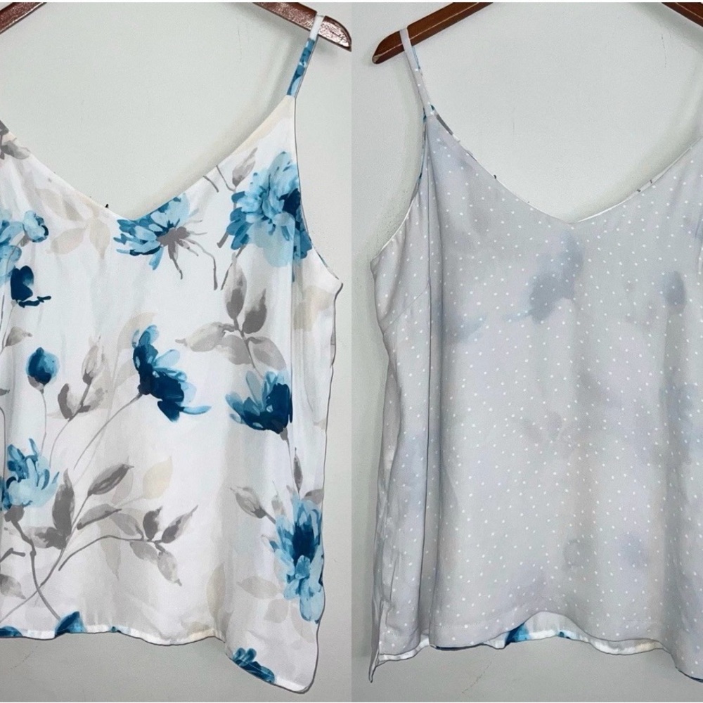 White House Black Market Reversible Satin V-Neck Cami in White and Blue Floral